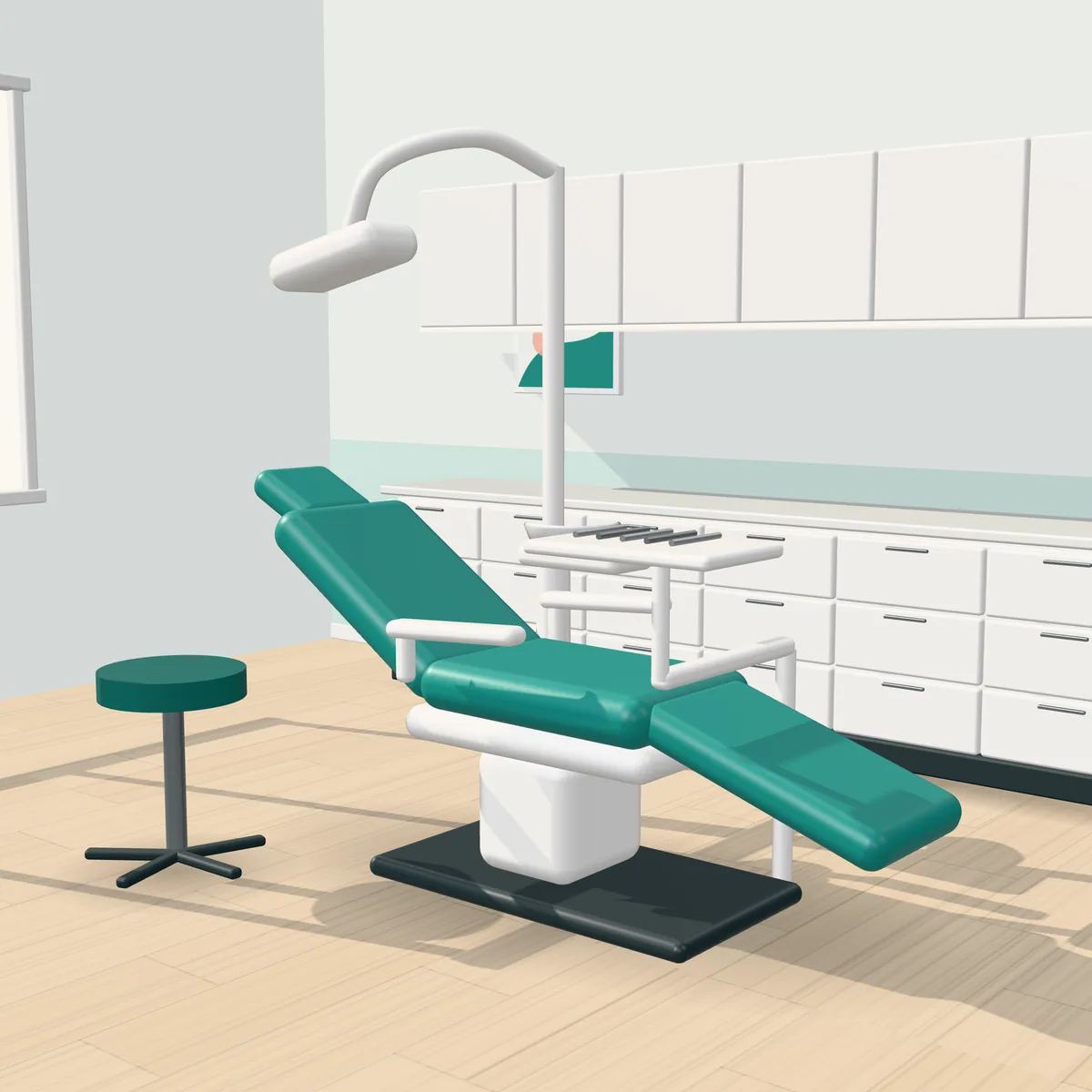 Treatment room with a modern dental chair (3D illustration)
